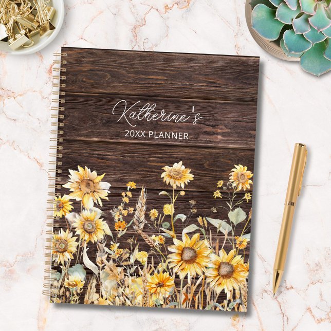 Monogram Watercolor Yellow Sunflower Field Wood Planner (In situ)