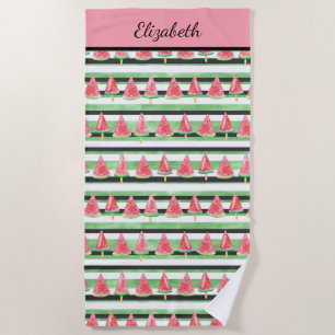 Monogram Watermelon Pink Green White Black  Beach Towel