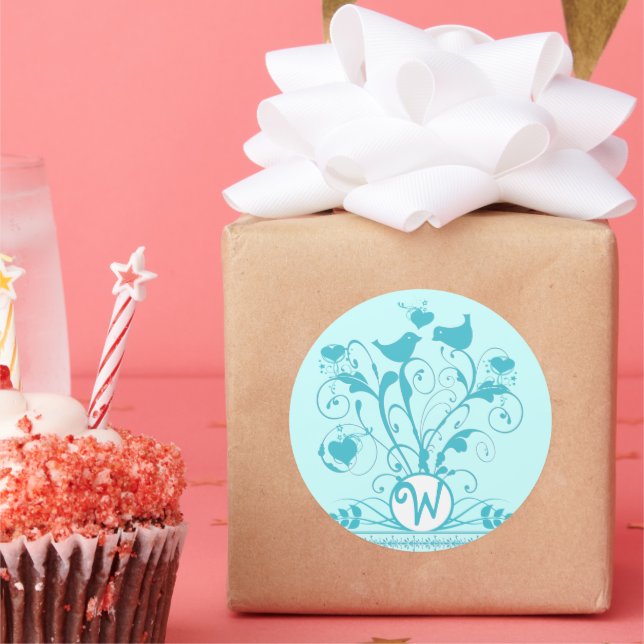 Monogram Wedding Birds Hearts Swirls Aqua Blue Classic Round Sticker (Party)