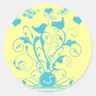 Monogram Wedding Birds Hearts Swirls Aqua Blue Classic Round Sticker