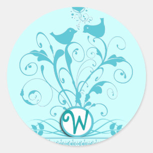 Monogram Wedding Birds Hearts Swirls Aqua Blue Classic Round Sticker