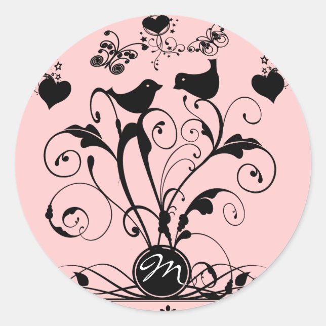 Monogram Wedding Birds Hearts Swirls Classic Round Sticker (Front)
