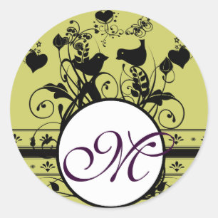 Monogram Wedding Birds Hearts Swirls Classic Round Sticker