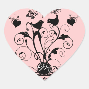 Monogram Wedding Birds Hearts Swirls Heart Sticker