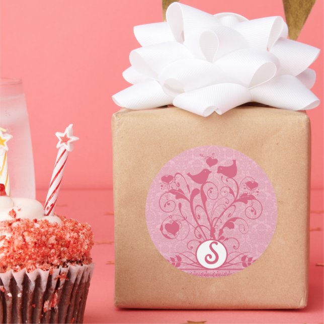 Monogram Wedding Birds Hearts Swirls Honeysuckle Classic Round Sticker (Party)