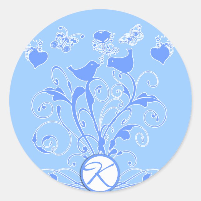 Monogram Wedding Birds Hearts Swirls Powder Blue Classic Round Sticker (Front)