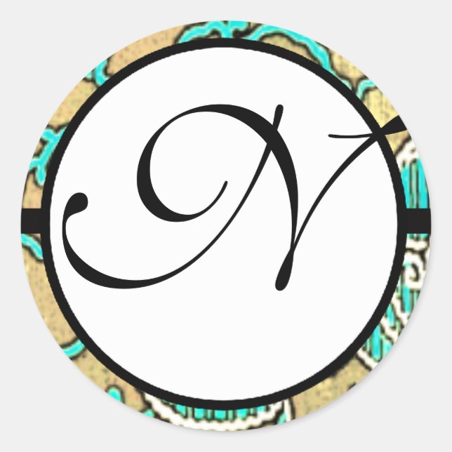 Monogram Wedding Blue Borders Classic Round Sticker (Front)
