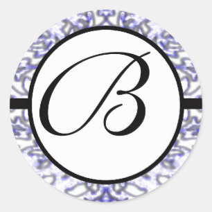 Monogram Wedding Blue Damask Classic Round Sticker