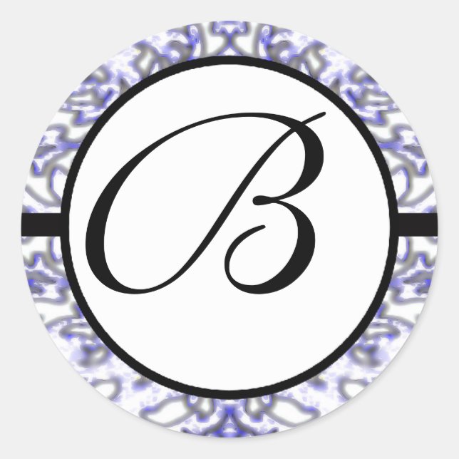 Monogram Wedding Blue Damask Classic Round Sticker (Front)