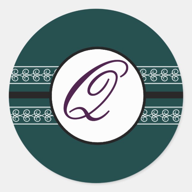 Monogram Wedding Borders Deep Teal Classic Round Sticker (Front)