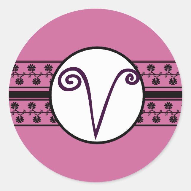 Monogram Wedding Borders Plum Classic Round Sticker (Front)