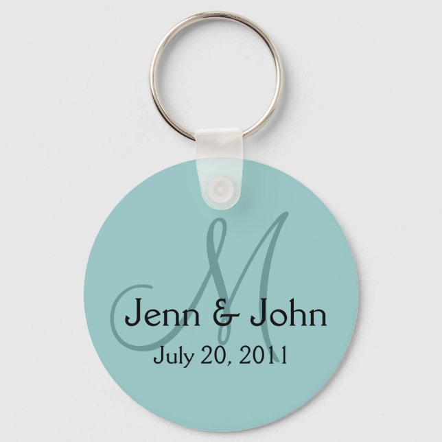 Monogram Wedding Bride Groom Date Blue Key Chain (Front)