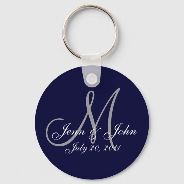 Monogram Wedding Bride Groom Date Navy Key Chain (Front)