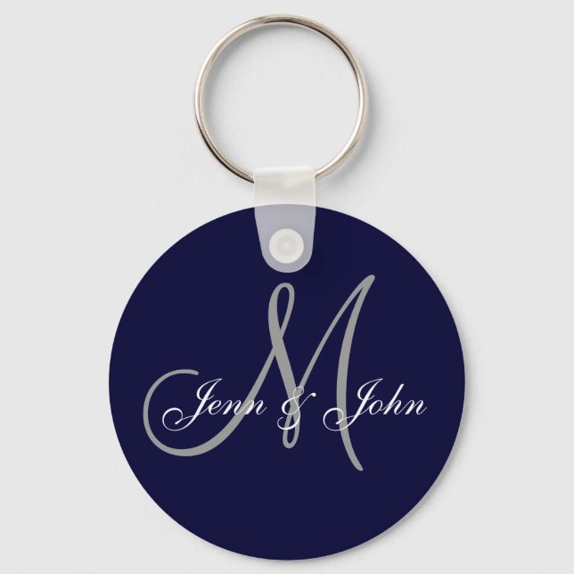 Monogram Wedding Bride Groom Names Navy Keychain (Front)