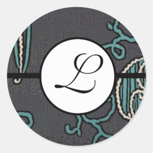 Monogram Wedding Brite Aqua Blue Borders Classic Round Sticker