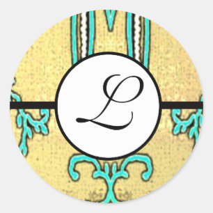 Monogram Wedding Brite Aqua Blue Borders Classic Round Sticker