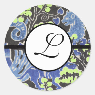 Monogram Wedding Brite Blue Borders Classic Round Sticker
