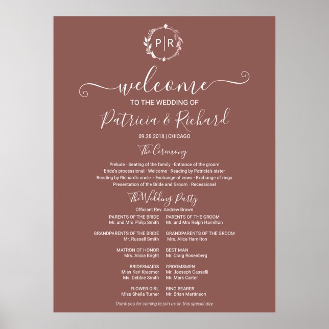 Monogram Wedding Ceremony Program Sign  (Front)