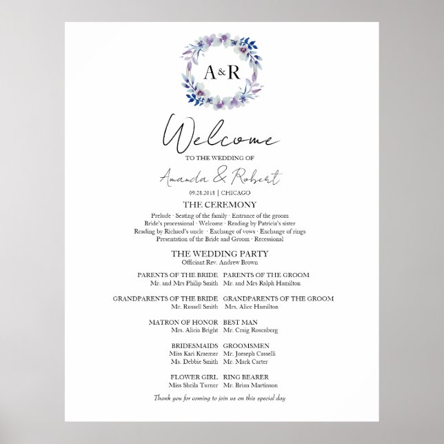 Monogram Wedding Ceremony Program Sign Foam Board (Front)