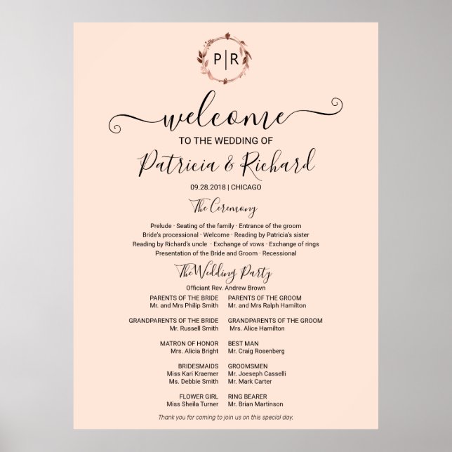 Monogram Wedding Ceremony Program Sign Foam Board (Front)
