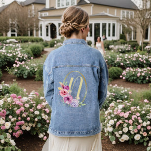 Monogram Wedding Colourful Pink Floral Golden Fram Denim Jacket