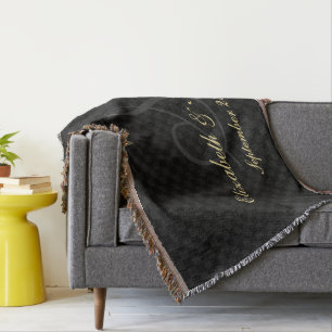 Monogram Wedding Date Bride Groom Name Black Check Throw Blanket