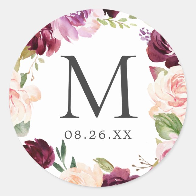 Monogram Wedding Date Plum Purple Floral Wreath Classic Round Sticker (Front)