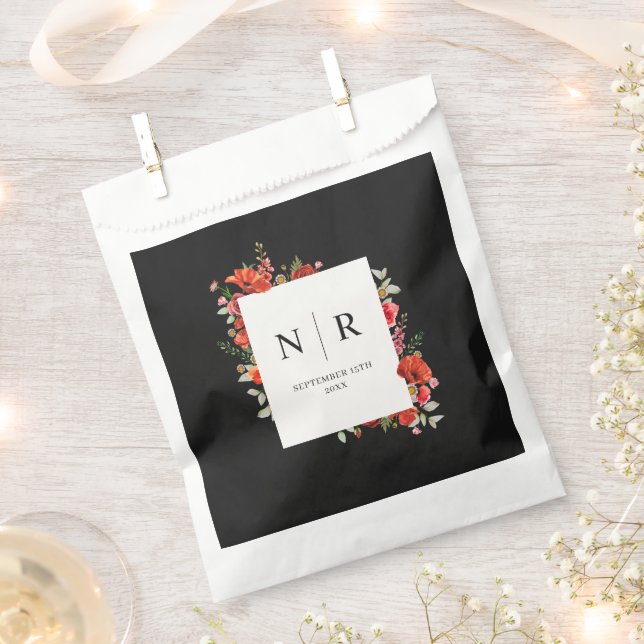 Monogram Wedding Delicate Poppy Dark Wedding Favour Bag (Clipped)