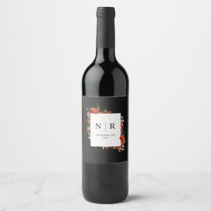 Monogram Wedding Delicate Poppy Dark Wedding Wine Label