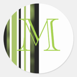 Monogram Wedding Designer Green White Stripes Classic Round Sticker