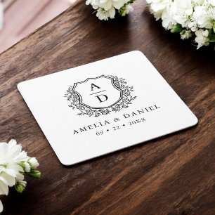 Monogram Wedding Floral Crest Elegant Square Paper Coaster