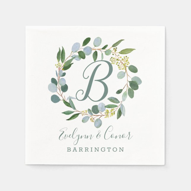 Monogram Wedding greenery wreath with eucalyptus Napkin (Front)