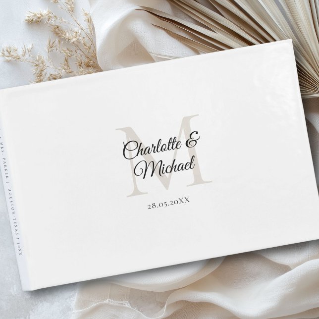 Monogram Wedding Guest Book (Customer-specific, simple, elegant, classic,monogram, white, wedding guest book with your names and.)