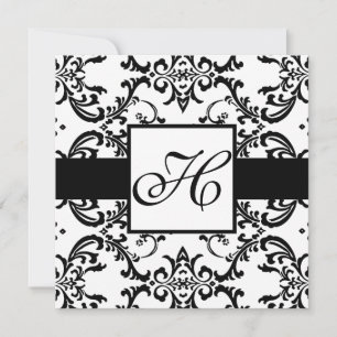 Monogram Wedding Invitation Black Swirl Damask