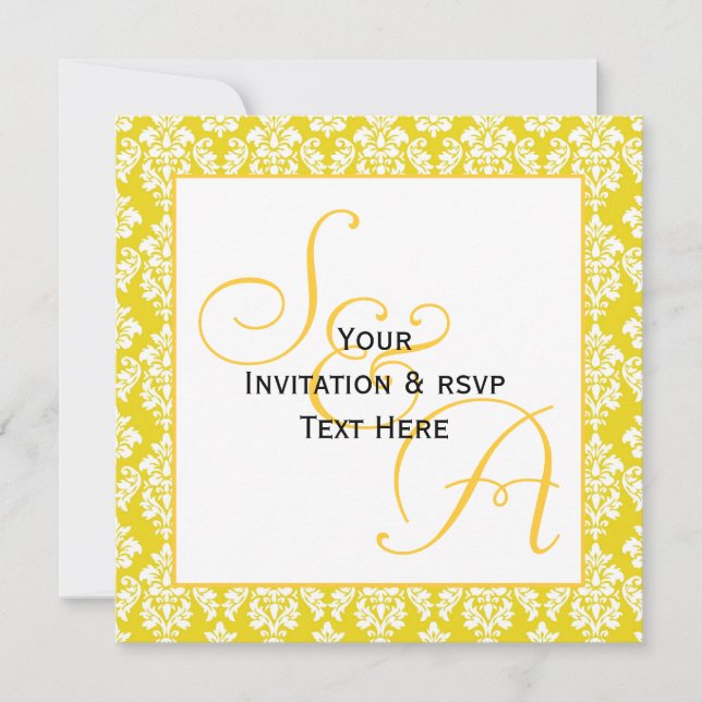 Monogram Wedding Invitations Yellow Damask (Front)