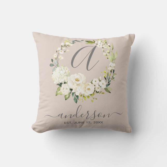 Monogram Wedding Keepsake White Floral Wreath Throw Pillow (Front)