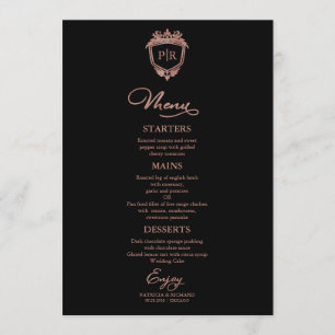 Monogram Wedding Menu Cards Black And Rose Gold