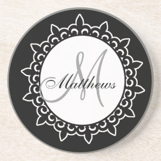 Monogram Wedding Name Coaster Black