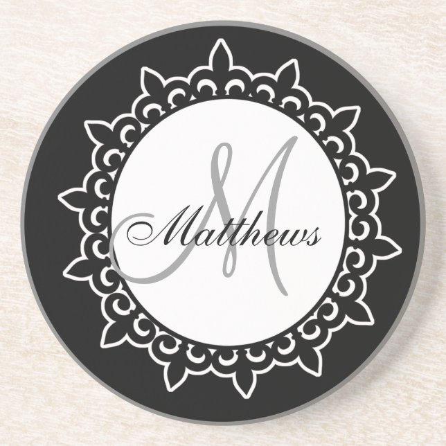 Monogram Wedding Name Coaster Black (Front)