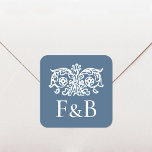 Monogram Wedding Ornate Floral Blue Square Sticker<br><div class="desc">Add an elegant touch to your stationery with a personalized stickers. This monogrammed design features a vintage floral motif with stylized flowers and ornate foliage, paired with classic serif typography for a sophisticated look. Perfect for weddings and anniversaries, this editable template can be personalized with a couple's monogram initials to...</div>