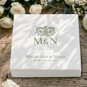 Monogram Wedding Ornate Floral Green Napkin