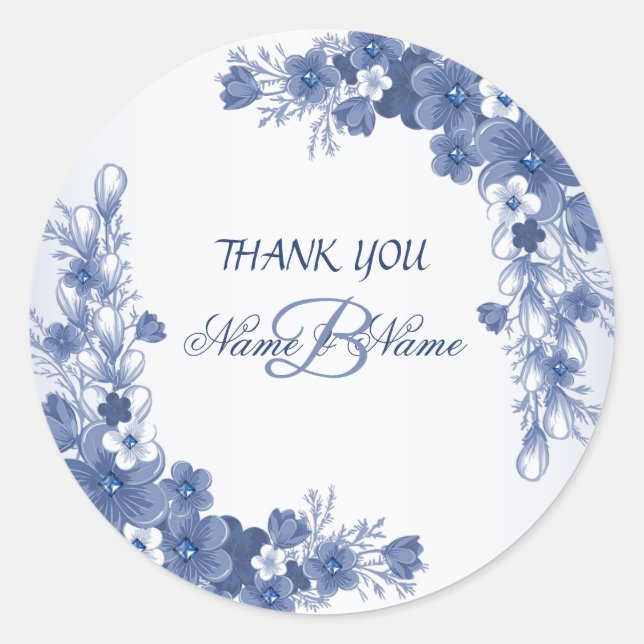 Monogram Wedding Party Thank You Gift Floral Blue Classic Round Sticker (Front)