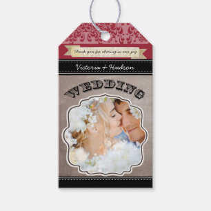 Monogram Wedding Photo Pink Damask Pattern Gift Tags