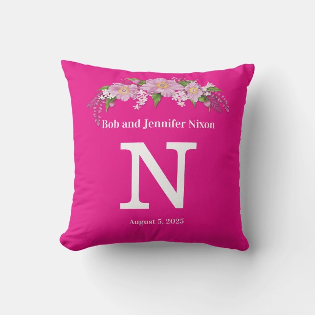 Monogram  Wedding Pillow with Pink Flowers (Front)