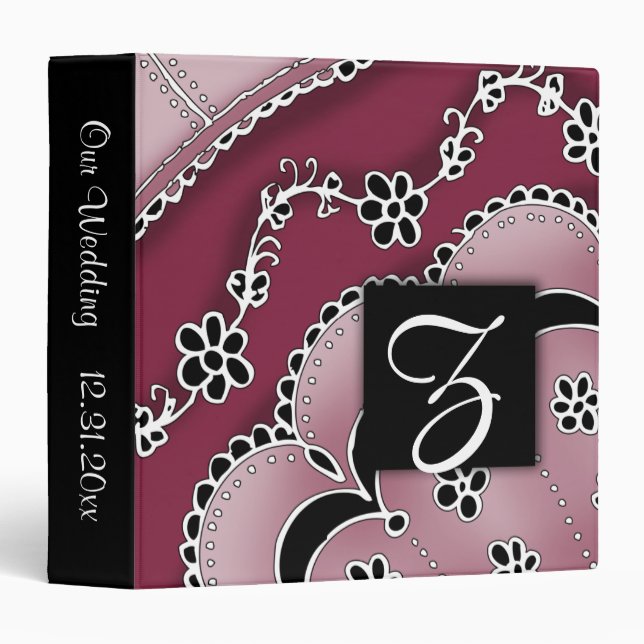 Monogram Wedding Red Pink White Black Floral Binder (Front/Spine)