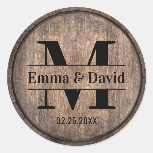 Monogram Wedding Rustic Barn Wooden Classic Round Sticker (Front)