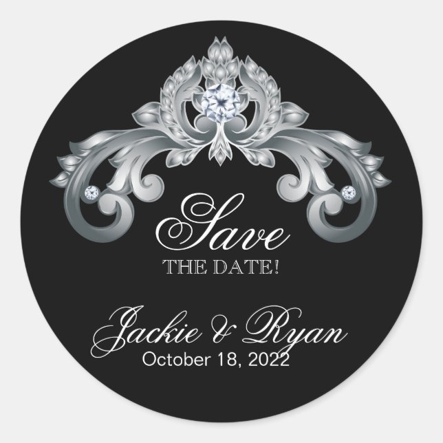 Monogram Wedding Save the Date Black Silver Classic Round Sticker (Front)