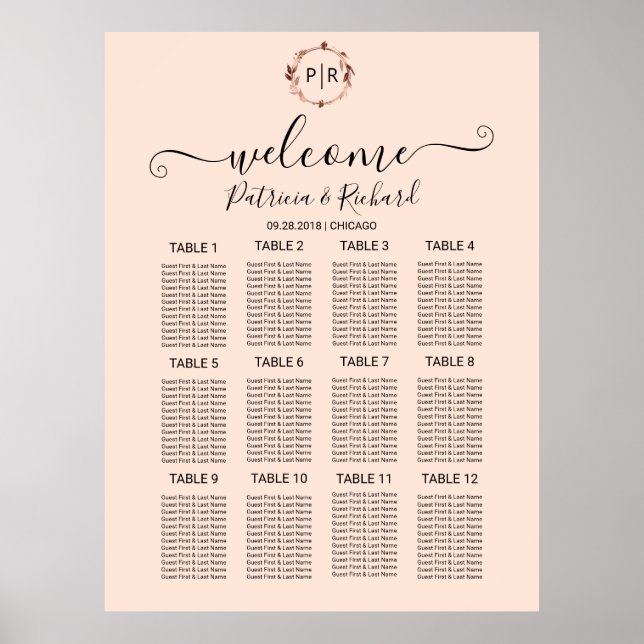 Monogram Wedding Seating Chart Sign Foam Board (Front)