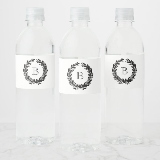 Monogram Wedding Wreath Illustration Water Bottle Label (Bottles)