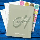 Monogram Weekly Monthly Planner<br><div class="desc">This spiral-bound planner features a green monogram initial and your first name in white on a sage green background. Choose SOFT or HARD COVER and the colour of your spiral spine. Includes monthly and weekly planning space, 60 pages and 12 months. Fun for yourself or create as a gift.</div>